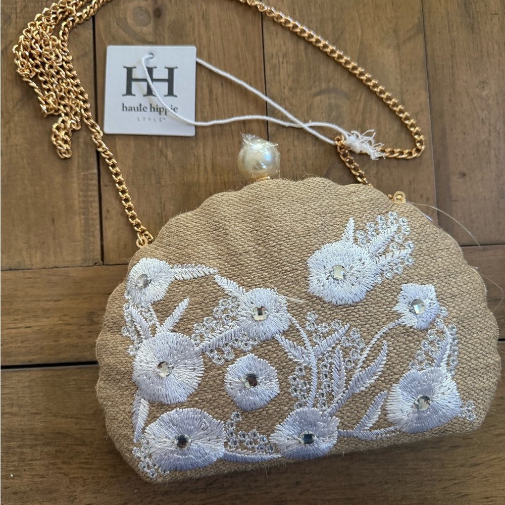 Haute Hippie Beige Floral Embroidered Women's Bag